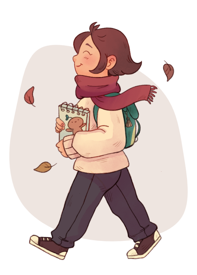 Helena Walking with sketchpad and autumn leafs floating around